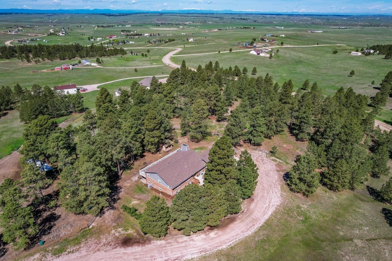 An Elbert County acreage lot from the air: a house tucked into a stand of ponderosa pines, a broad gravel drive curving in from the road, and neighboring parcels with barns spread across open grassland.